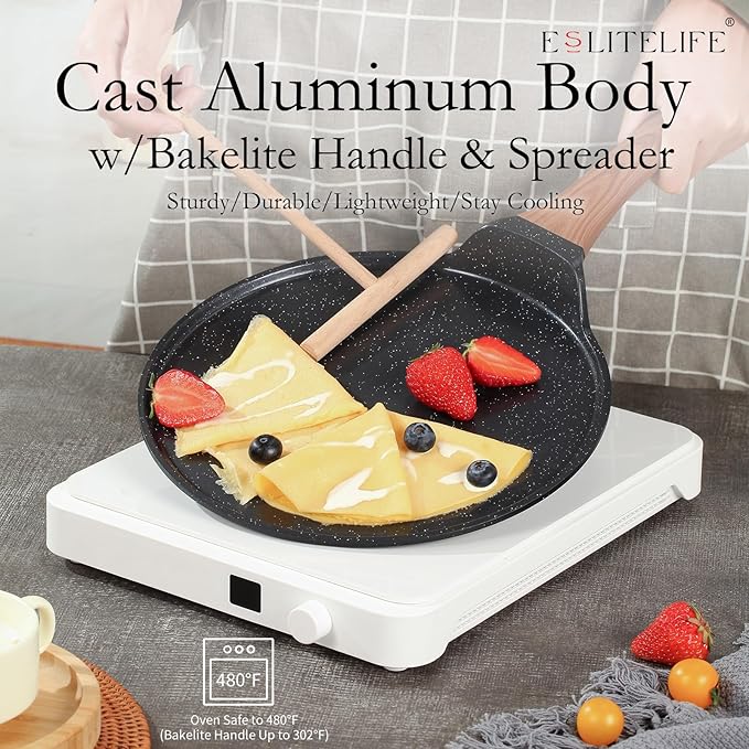 ESLITE LIFE 9.5 Inch Crepe Pan with Spreader, Nonstick Ceramic Flat Skillet Dosa Tawa Comales Para Tortillas Pancake Pan, PTFE & PFOA Free, Black