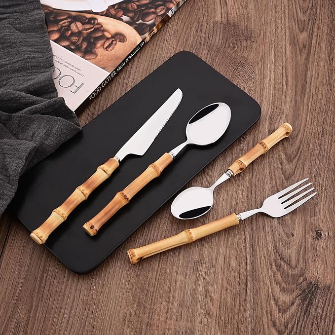 Bamboo Silverware Set, 24-Piece Natural Bamboo Flatware Cutlery with Stainless Steel Silver Head, Includes Knife, Fork, Spoon for Daily Use and Party, Reusable