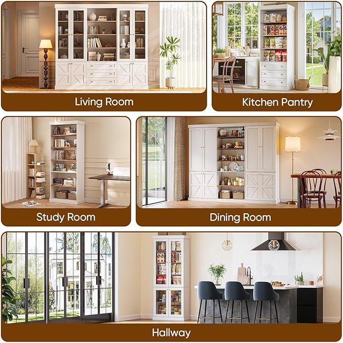 70.8" Tall Farmhouse Kitchen Pantry Cabinet with Doors, Modular Storage Cabinet with 4-Tier Adjustable Shelves, White, Wooden Hutch for Kitchen, Living Room