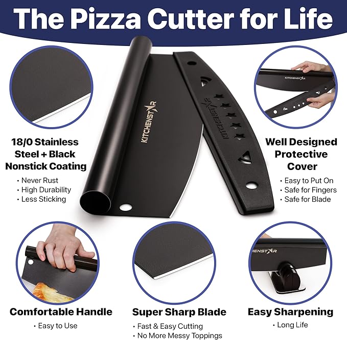 KitchenStar 14-Inch Pizza Cutter Rocker Blade - Sharp Stainless Steel Slicer Knife, Protective Cover, Black Nonstick, Large - Professional Pizza Oven Accessories