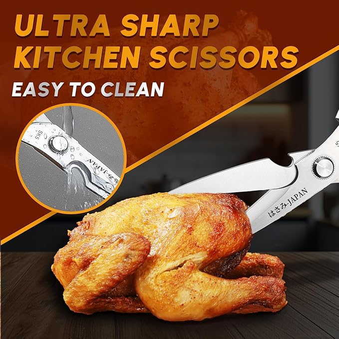 HUUSK Kitchen Scissors Set Silver - Stainless Steel Kitchen Shear, Sharp Meat Scissors Dishwasher Safe, Heavy Duty Poultry Shears, Japanese Cooking Scissor for Food, Christmas Gifts for Men Women