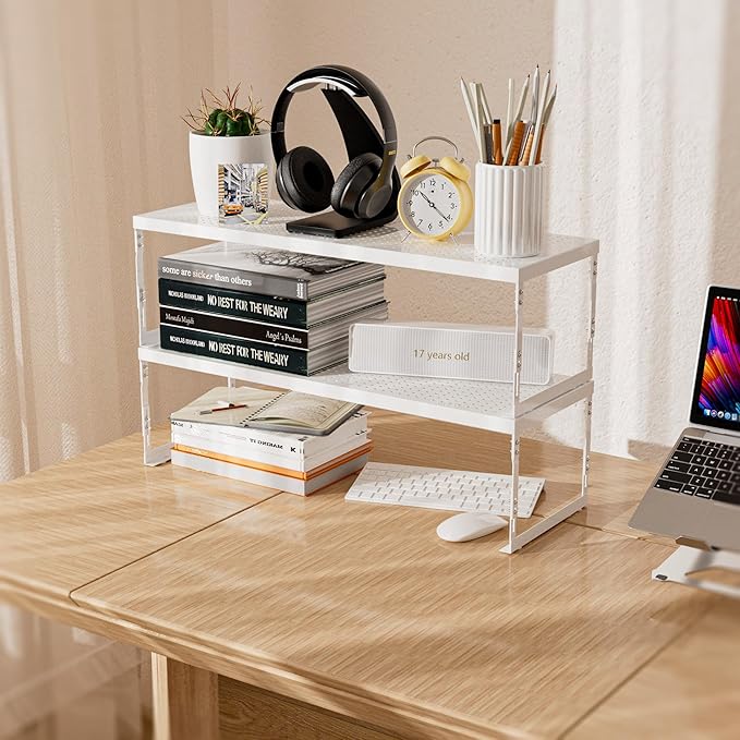 Stackable Expandable Metal Shelf Organizer - Adjustable Wire Storage Rack with Holes for Kitchen, Bathroom, Cabinet, Office - Space Saving, Durable & Sturdy Design（2PACKS/Medium/White