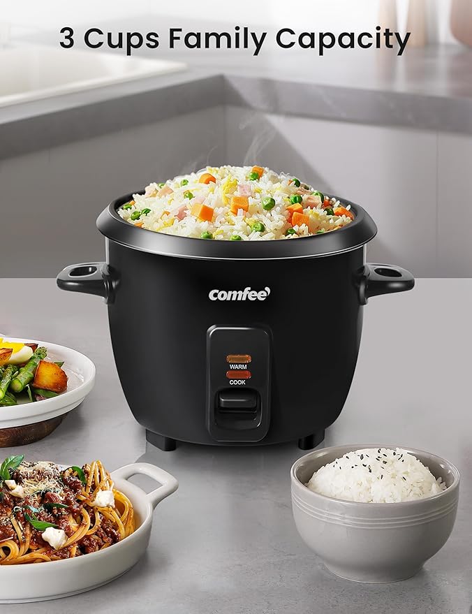 COMFEE' Rice Cooker, 6-Cup Cooked/3-Cup Uncooked, Removable Non-Stick Bowl, for Soups, Stews, Grains&Oatmeal, One Touch, Black