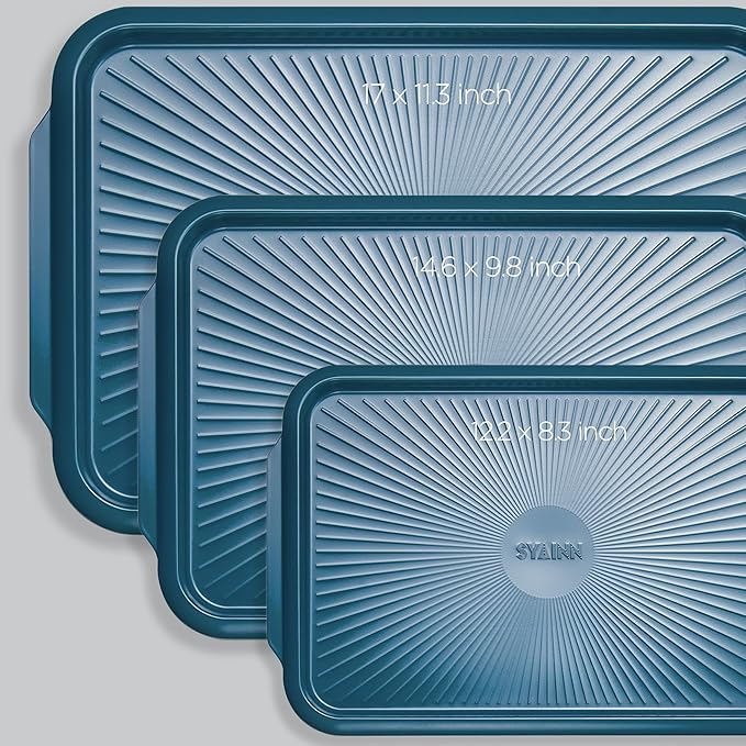 SYAINN Non-stick Ceramic Baking Sheet Set, 3 Pieces- Aluminum Steel Cookie Sheets for Baking-Includes Half/Quarter/Jelly Roll Pans-Warp Resistant, Toxic, PTFE & PFOA Free-Blue