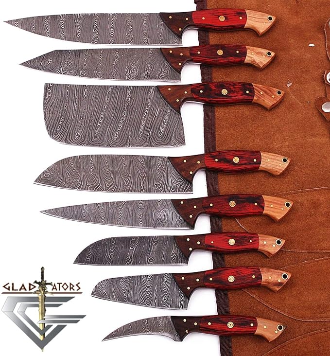 G29RD- Professional Kitchen Knives Custom Made Damascus Steel 8 pcs of Utility Chef Knife Set with Chopper/Cleaver Pocket Case Roll Bag (Red)