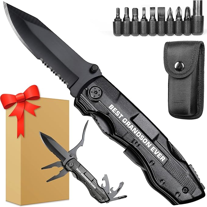 Grandson Gifts from Grandma, Multitool Knife, Grandson Gifts, Grandsons Christmas Practical Gift, Gift for Camping, Hiking, Fishing, 20 in 1 Multitool