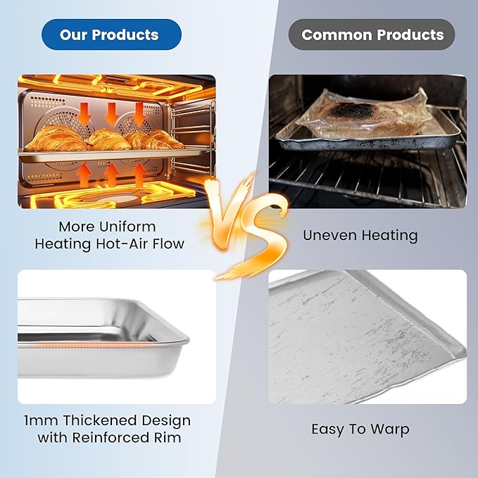 6 Pack Stainless Steel Baking Sheet Pans, 17.3" L × 12.2" W × 1" H Cookie Sheets for Toaster Oven, Rust-Resistant, Dishwasher Safe