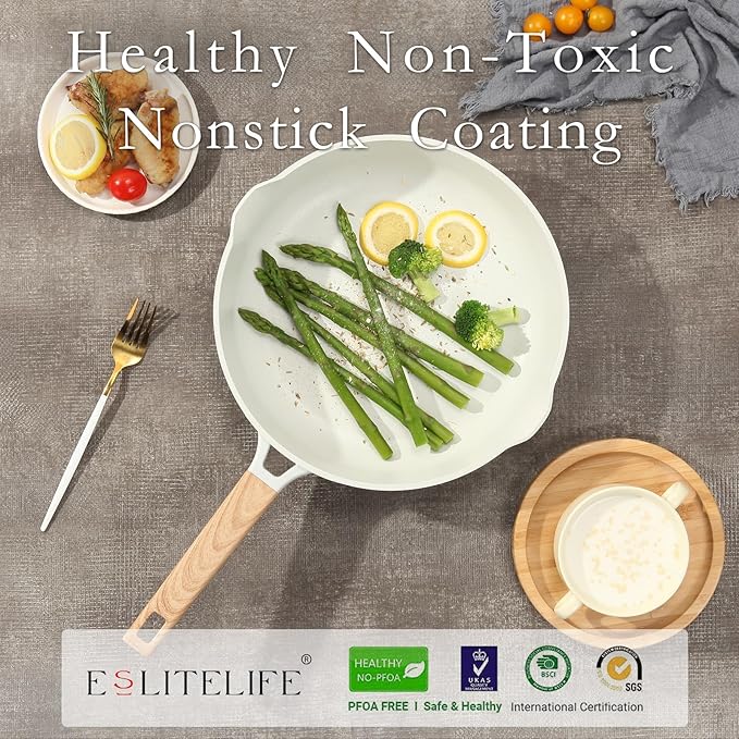 ESLITE LIFE Nonstick Ceramic Frying Pan Skillet with Lid, Non-Toxic Egg Omelette Kitchen Cooking Pans Compatible with All Stovetops (Gas, Electric & Induction), PTFE & PFOA Free (White, 8" w/Lid)