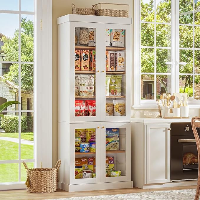 70.8" Tall Farmhouse Kitchen Pantry Cabinet with Glass Doors, Modular Wooden Storage Hutch with 6-Tier Adjustable Shelves for Kitchen or Living Room, White, Set of 2