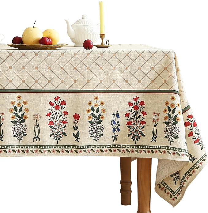 ISAENNE Designer Vintage Linen Floral Long Tablecloth Rectangle,Fall Colorful Modern Table Cloth,Anti-Wrinkle Decor Tablecloths for Dining Thanksgiving Kitchen Christmas,63"*102"-Bertina E