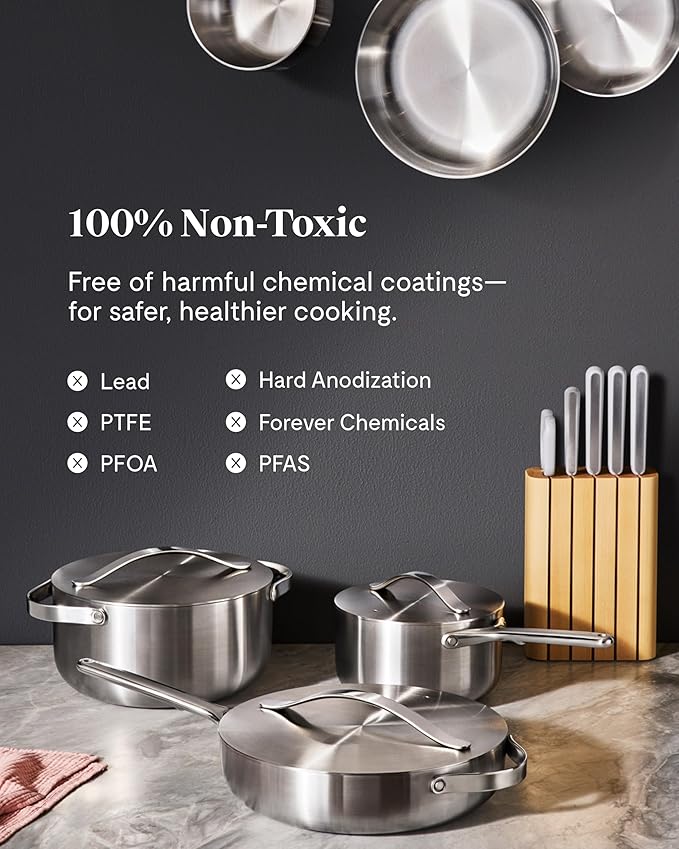 Caraway Stainless Steel Sauce Pan (1.75 Qt) - 5-Ply Stainless Steel - Oven Safe & Stovetop Agnostic - Non Toxic, PTFE & PFOA Free