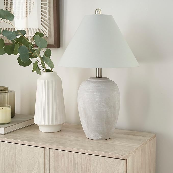 Nourison Home 23" Grey Vintage Distressed Ceramic Pot Table Lamp for Bedroom, Living Room, End Table, with Grey Conical Empire Shade