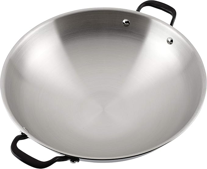 KitchenAid 5-Ply Clad Polished Stainless Steel Wok, Induction Compatible, Dishwasher Safe, 15 Inch Open Stir-Fry Pan