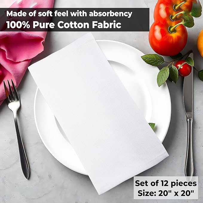 Urban Villa White Cloth Napkins Set of 10 100% Cotton Dinner Napkins Cloths Washable 20”x20” Absorbent Soft Durable Reusable-Ideal for Everyday Use Parties Wedding Thanks Giving Christmas Halloween