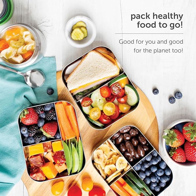 LunchBots Medium Trio II Snack Container - Divided Stainless Steel Food Container - Three Sections for Snacks On the Go - Eco-Friendly, Dishwasher Safe, BPA-Free - Stainless Lid - Green Dots
