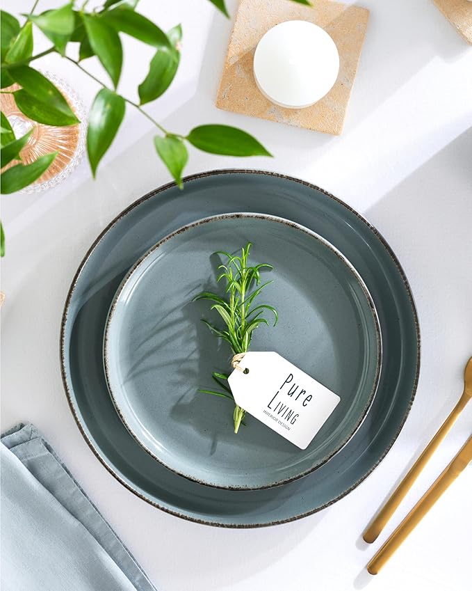 Stoneware dinnerware set 8 persons Rustic 24 pcs - Rustic design dinnerware set, dishwasher safe - Bowl and plate set - Pure Living dinnerware in smoky blue…
