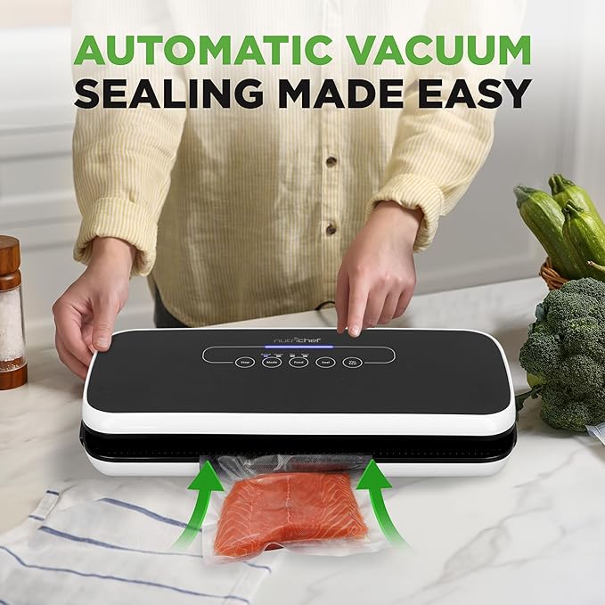 NutriChef Automatic Food Vacuum Sealer, Electric Air Sealing Preserver System for Dry and Moist Foods, LED Control, Strong Suction, Includes Bags, Wine Stopper Cork, and Air Suction Hose, 14”x6”x3”