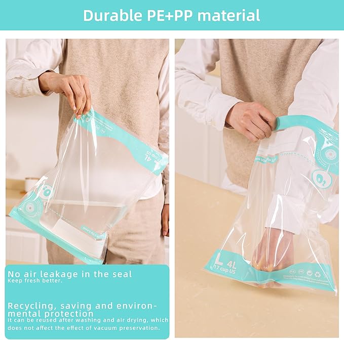 24PCS Sous Vide Bags Reusable, BPA Free Food Vacuum Sealer Bags, Thickened bag with a New Look, Vacuum Zipper Bags for Sous Vide Cooking, 20pcs food storage bags & 4 Seal Clips (8.2x 8.6 Inch))