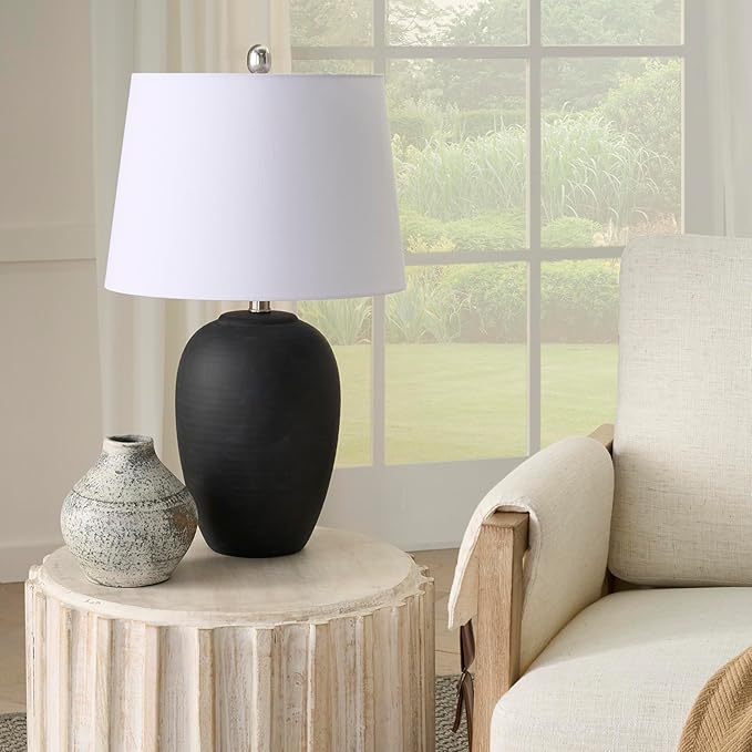 Nourison Home 23" Black Vintage Distressed Ceramic Pot Table Lamp for Bedroom, Living Room, End Table, with White Tapered Drum Shade