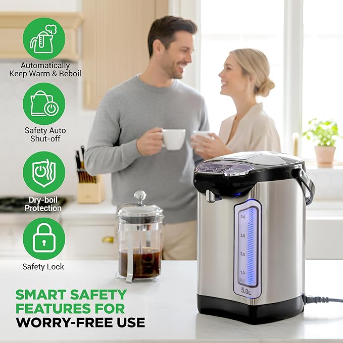 NutriChef Electric Water Boiler and Warmer - 5L/5.28 Qt Stainless Steel Hot Water Dispenser w/Rotating Base, Keep Warm Temperature Set, Auto Shut Off, Safety Lock, Instant Heating for Coffee & Tea