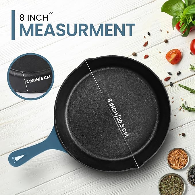 Utopia Kitchen Cast Iron Frying Pan 8 Inch, Cast Iron Chefs Pan, Pre Seasoned Skillet, Safe Grill Cookware for Indoor & Outdoor Use, Teal