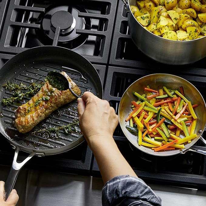 KitchenAid 3-Ply Base Brushed Stainless Steel Induction Pots and Pans Set with Nonstick Round Grill Pan and Lids, Dishwasher Safe, 10 Piece Cookware Set, Brushed Stainless Steel