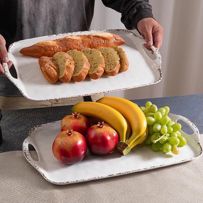 Farmhouse Melamine Serving Tray with Handles, Set of 2, 19"x12" Extra Large Rectangular Turkey Serving Platter, Serving Food Trays for Entertaining, Christmas,Thanksgiving,Party, Ivory
