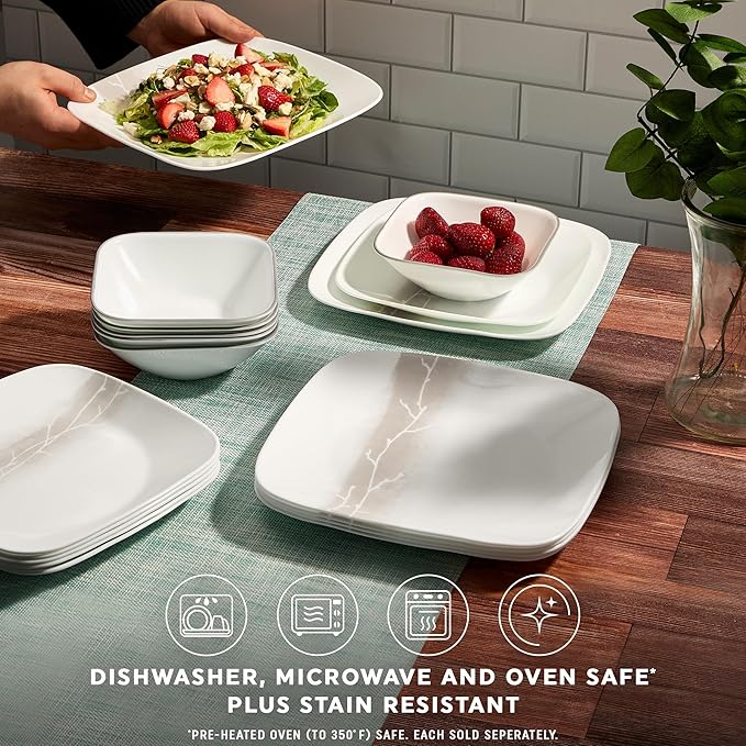 Corelle Vitrelle 18 Piece Glass Dinnerware Sets Rectangular Square Plate and Bowl Set Service for 6, Triple Layer Chip & Crack Resistant Glass Plate and Bowl Sets, Wandering Grove