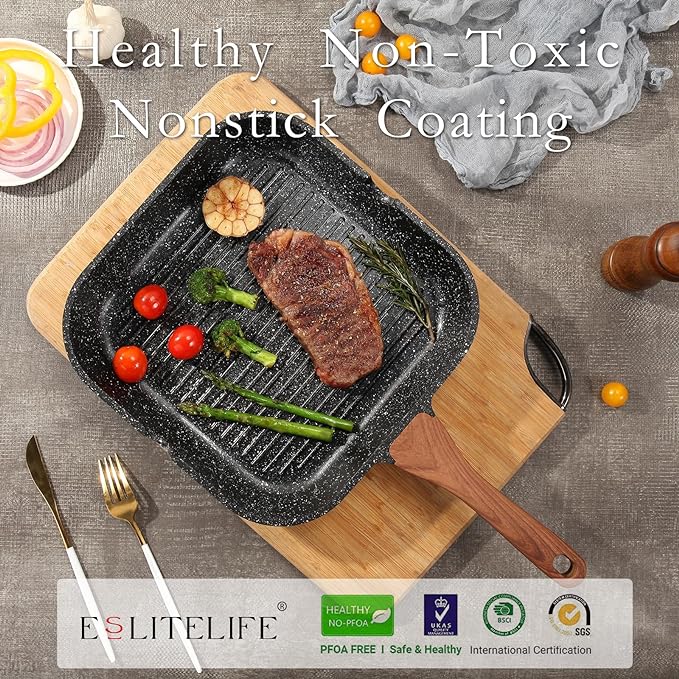 ESLITE LIFE 9.5 Inch Nonstick Grill Pan for Indoor Cooking, Versatile Induction Square Large Grilling Skillet Steak Pan for Stove Tops, PTFE & PFOA Free, Black