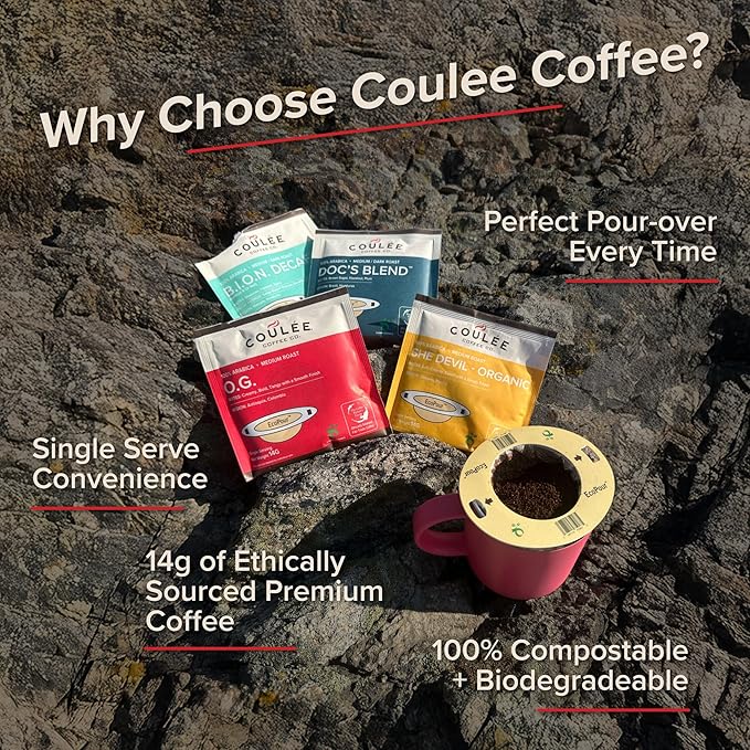 Coulée EcoPour She Devil Coffee, Single Serve Arabic Coffee, Medium Roast, Use for Camping or Traveling, Pre Filled Compostable Filters, Ready to Brew with Hot Water, 10 Pack