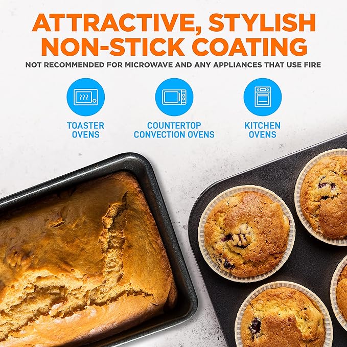 NutriChef 8-Piece Nonstick Stackable Bakeware Set - PFOA, PFOS, PTFE Free Baking Tray Set w/Non-Stick Coating, 450°F Oven Safe, Round Cake, Loaf, Muffin, Wide/Square Pans, Cookie Sheet (Brown)