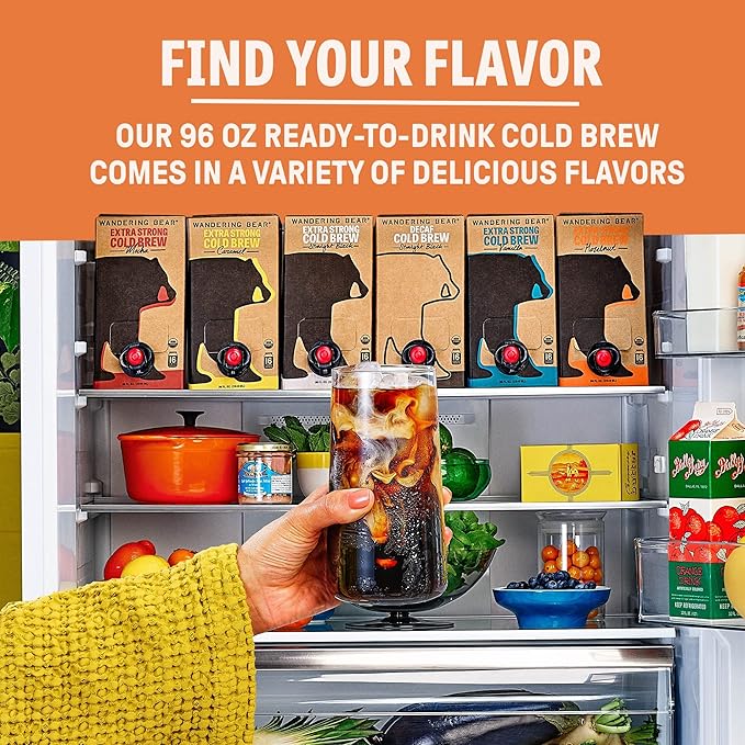 Wandering Bear Organic Hazelnut Cold Brew Coffee On Tap, Iced Coffee Drink -Extra Strong, Smooth, No Sugar Added, Shelf-Stable, Ready to Drink,Gluten Free & Vegan Decaf -16 Servings of 6fl.oz -96fl.oz