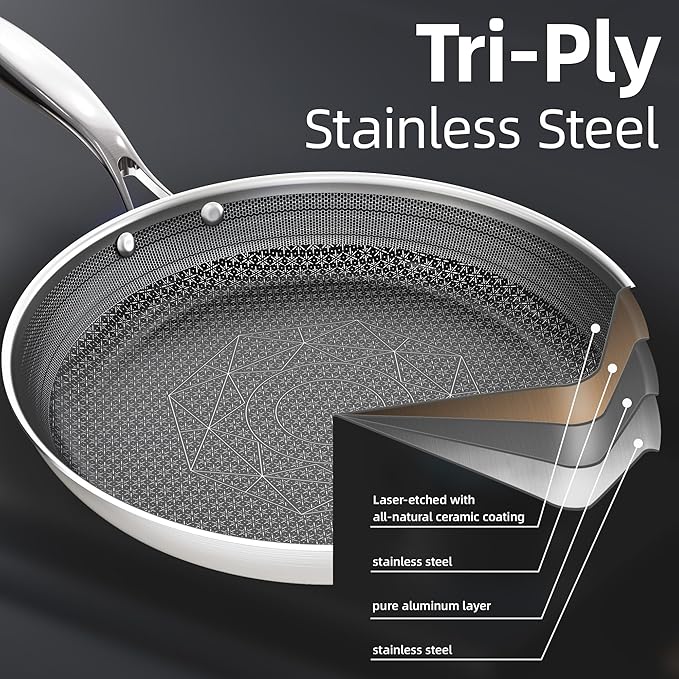 COOKING KING 12-Inch Stainless Steel Pan, Hybrid Nonstick Frying Pan, Skillet, 3-Ply Clad Cookware, Even Heat Distribution, Dishwasher & Oven Safe, with Stay-Cool Handle, Induction Compatible