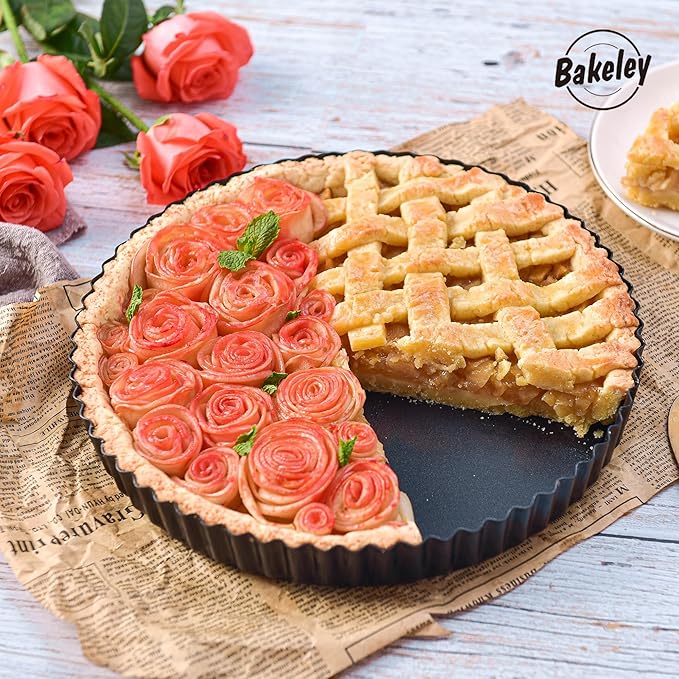 9-Inch Round Tart Pan with Loose Removable Bottom, Non-Stick Carbon Steel Quiche Pan for Oven Baking (Black)
