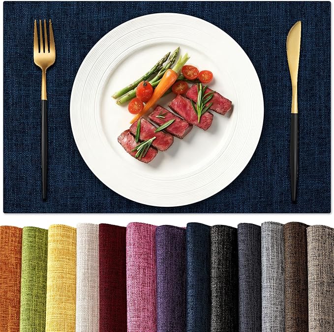 KXN Placemats Set of 4, Dual-Layer Thickened Faux Linen Table Mats, Heat Resistant & Wrinkle-Free, Machine Washable Cloth Place Mats for Kitchen Dining Indoor Outdoor (Navy Blue)