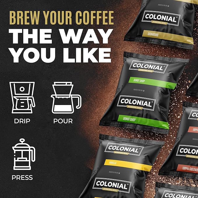 Colonial Coffee 100 Count Single Pot Coffee Packets – 100% Arabica Breakfast Blend Medium Roast | Pre-Measured Frac Packs for 12 Cup Maker | Bulk Ground Gourmet Coffee for Home & Office