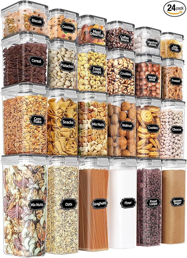 PRAKI Airtight Food Storage Containers Set with Lids - 24 PCS, BPA Free Kitchen and Pantry Organization, Plastic Leak-proof Canisters for Cereal Flour & Sugar - Labels & Marker(Grey)