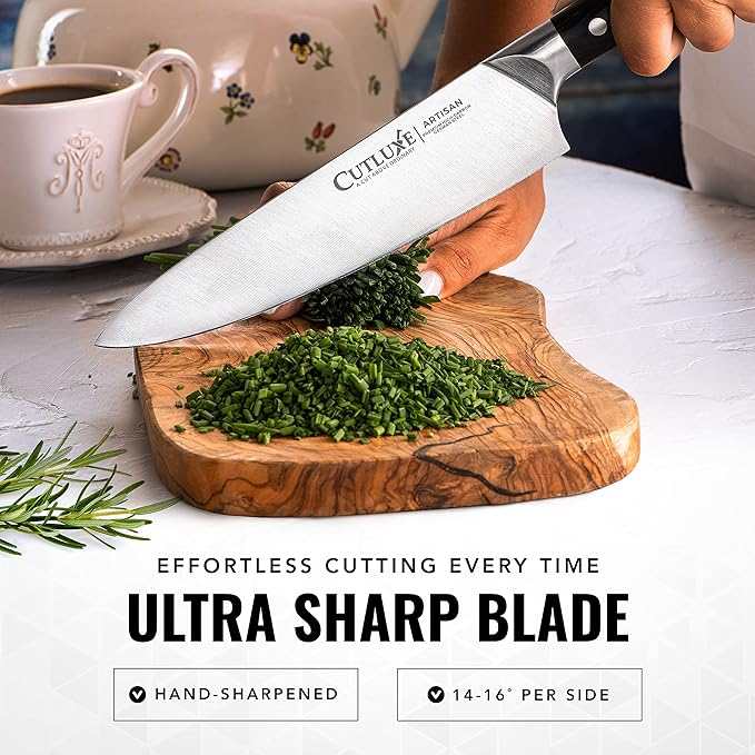 Cutluxe Chef Knife – 8" Kitchen Knife, German High Carbon Steel, Full Tang, Ergonomic Handle Design, Sheath Included – Artisan Series