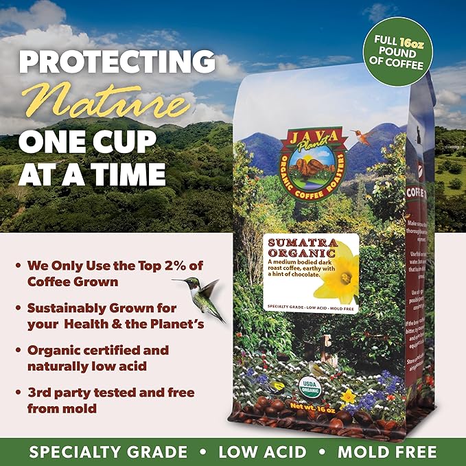 Low Acid Organic Coffee – Whole Bean, Mold-Free & Stomach Friendly by Java Planet, Sumatran Single Origin Coffee, Dark Roast, Smooth Full Flavored, 5LB Bag