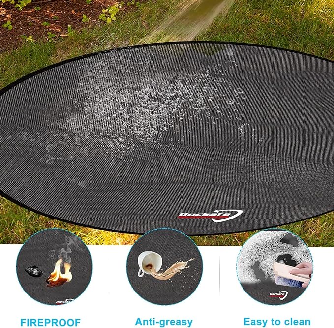 DocSafe 48" Round Fire Pit Mat, 4-Layer Fireproof Under Grill Mat Heat Insulated Indoor Fireplace Pad Protector for Decks,Patios,Grass,BBQ Smoker, Portable Reusable Oil-Proof and Waterproof, Black