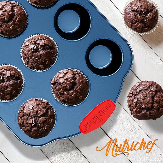 NutriChef 10-Piece Nonstick Bakeware Set - Premium Carbon Steel Baking Pans w/Silicone Handles - Includes Pizza Tray with Holes, 12 & 24 Cup Muffin Pans, Cookie Sheets, Round, Square & Loaf Pan - Blue