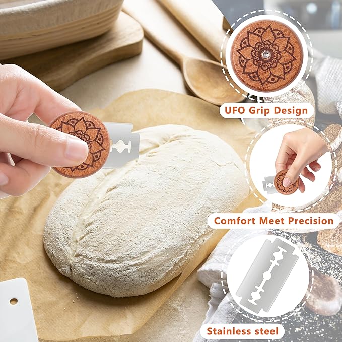 UFO Bread Lame Cutter for Homemade Sourdough,Bread Scorer Tool for Sourdough with 5 Blades and Storage Cover,Slashing Tool Bread Cutting Knife for Artisan Bread and Makers (Lotus-brown)