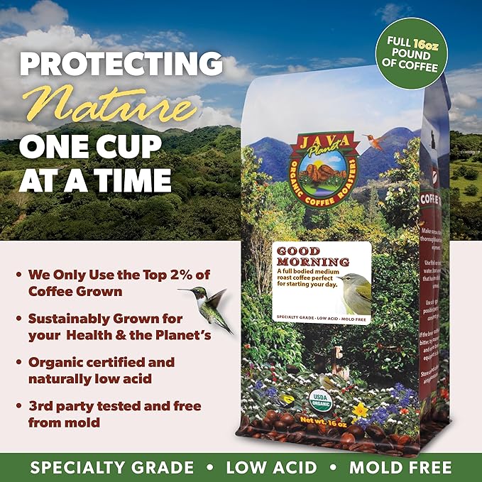 Low Acid Organic Coffee – Whole Bean, Mold-Free & Stomach Friendly by Java Planet, Good Morning Blend Coffee, Medium Roast, Smooth Full Flavored, 5LB Bag