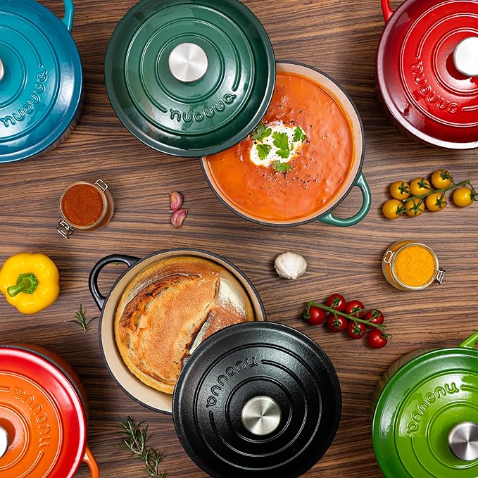 Cast Iron Dutch Oven with Lid – Non-Stick Ovenproof Enamelled Casserole Pot – Sturdy Dutch Oven Cookware – Black, 3.1-Quart, 22cm – by Nuovva