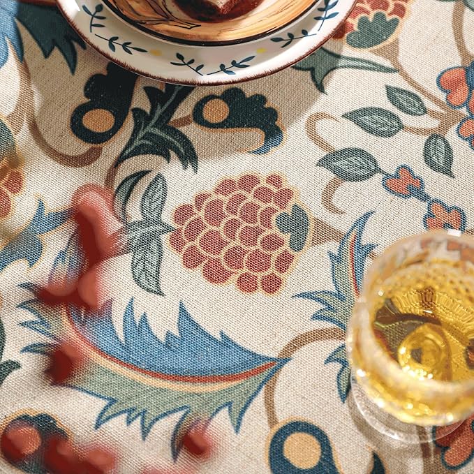 patdrea Designer Vintage Linen Tablecloth for Rectangle Table,French Soft Durable Floral Tablecloths,Colorful Table Cover for Kitchen Dining,Parties,Christmas,Thanksgiving,Party,63"x87"-Puno