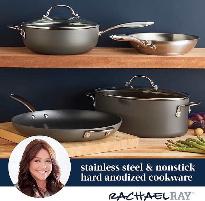 Rachael Ray 80089 Professional Hard Anodized Nonstick Frying/Fry Pan/Skillet with Helper Handle, 14 Inch - Gray