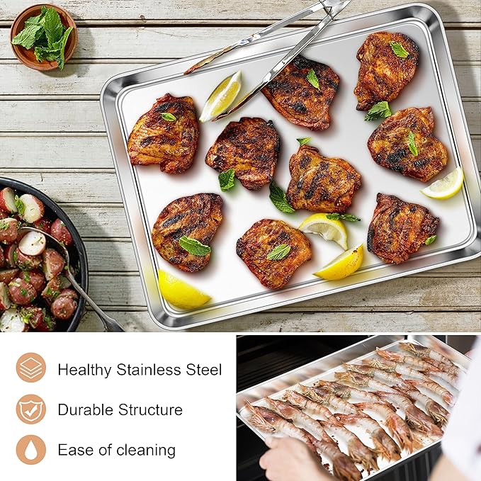 E-far Baking Sheets Set of 2, 16” x12” Stainless Steel Cookie Sheets Pans for Oven, Non-toxic Metal Trays for Baking Cake Cookie, Healthy & Rust Free, Mirror Finish & Dishwasher Safe