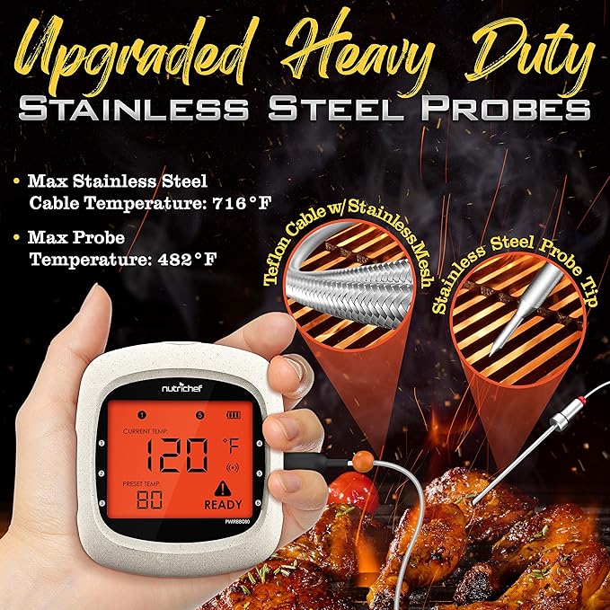 NutriChef Bluetooth Meat Thermometer for Grilling and Smoking, up to 6 Temperature Probes and Smart APP, 400 Ft Range, LCD