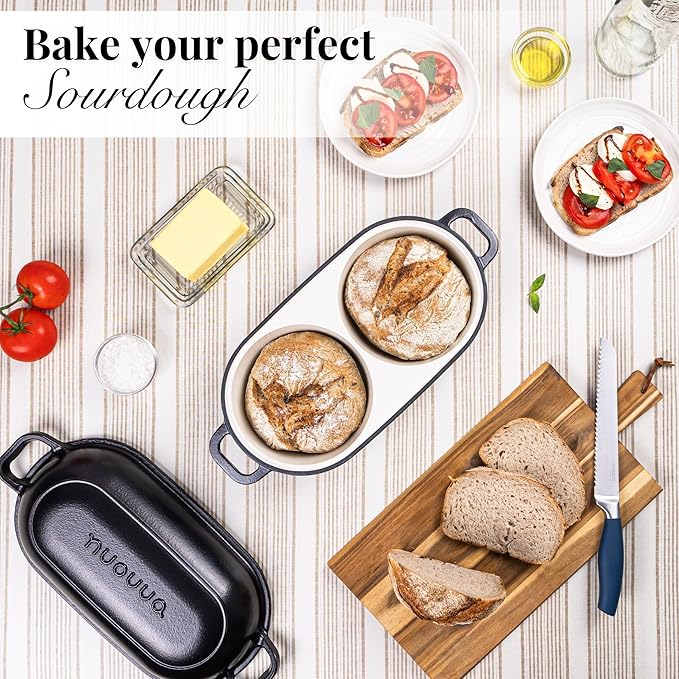 nuovva Dutch Oven for Sourdough Bread Baking – Enamelled Cast Iron Bread Loaf Pot – 500°F Oven Safe Non Stick Bread Pot – Double Round Loaf Space, 16.5cm Diameter, Black