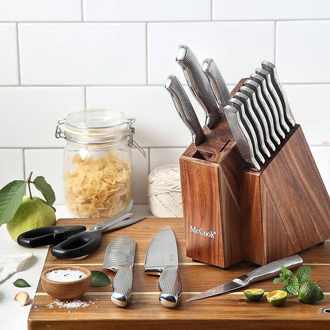 McCook® Premium Knife Sets,Full Tang Hammered German Stainless Steel Kitchen Knife Set with 8 Pieces Steak Knives and Acacia Block